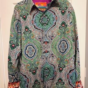 💚Robert Graham Green Paisley 2XL Button-Down Shirt with Blue Accents
